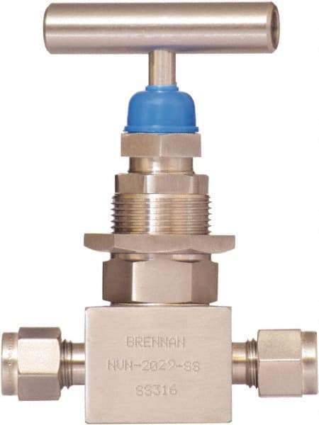 Brennan - 3/8" Pipe, Straight Needle Valve - PTFE Seal, NPT Ends, Stainless Steel Valve, 6,000 Max psi - Makers Industrial Supply