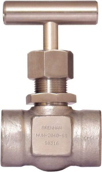 Brennan - 1/2" Pipe, Straight Needle Valve - PTFE Seal, NPT Ends, Stainless Steel Valve, 6,000 Max psi - Makers Industrial Supply