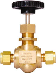 Brennan - 3/8" Pipe, Straight Needle Valve - PTFE Seal, Tube Ends, Brass Valve, 3,000 Max psi - Makers Industrial Supply