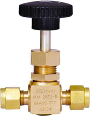 Brennan - 1/4" Pipe, Straight Needle Valve - PTFE Seal, Tube Ends, Brass Valve, 3,000 Max psi - Makers Industrial Supply