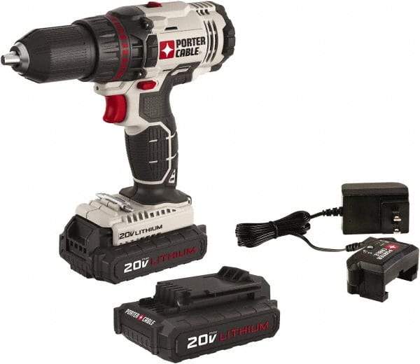 Porter-Cable - 20 Volt 1/2" Chuck Pistol Grip Handle Cordless Drill - 0-350 & 0-1500 RPM, Single-Sleeve Ratcheting Chuck, Reversible, 2 Lithium-Ion Batteries Included - Makers Industrial Supply