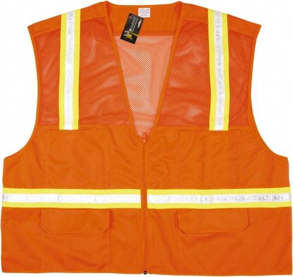 MCR Safety - Size XL High Visibility Orange Mesh Surveyor's Vest - 25.4" Chest, Zipper Closure, 6 Pockets, Polyester - Makers Industrial Supply