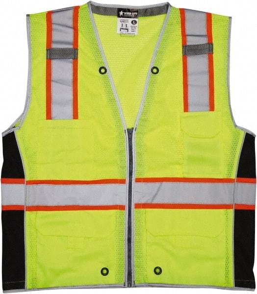 MCR Safety - Size XL High Visibility Lime Mesh Surveyor's Vest - 25.4" Chest, ANSI 107-2015, Zipper Closure, 6 Pockets, Polyester - Makers Industrial Supply