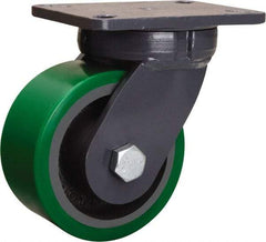 Hamilton - 6" Diam x 3" Wide x 8" OAH Top Plate Mount Swivel Caster - Polyurethane Mold onto Cast Iron Center, 2,200 Lb Capacity, Tapered Roller Bearing, 5-1/4 x 7-1/4" Plate - Makers Industrial Supply