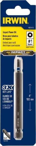 Irwin - #1" Square Size Square Recess Bit - 1/4" Hex Drive, 4" OAL - Makers Industrial Supply