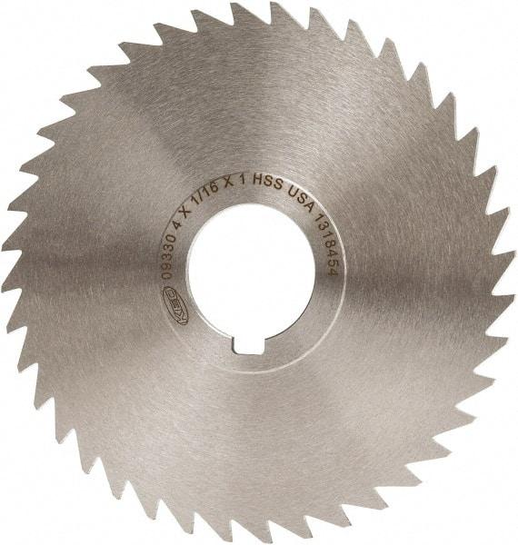 Keo - 4" Diam x 1/16" Blade Thickness x 1" Arbor Hole Diam, 40 Tooth Slitting and Slotting Saw - Arbor Connection, Right Hand, Uncoated, High Speed Steel, Concave Ground, Contains Keyway - Makers Industrial Supply