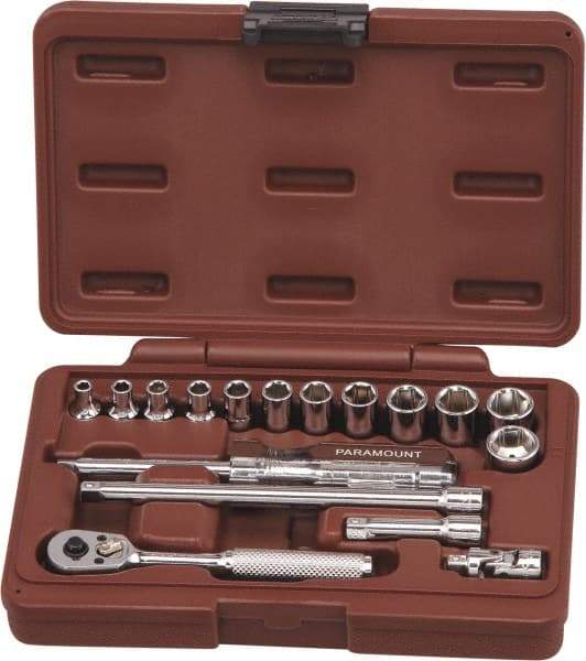 Paramount - 17 Piece 1/4" Drive Chrome Finish Socket Set - 6 Points, 4mm to 14mm Range, Metric Measurement Standard - Makers Industrial Supply