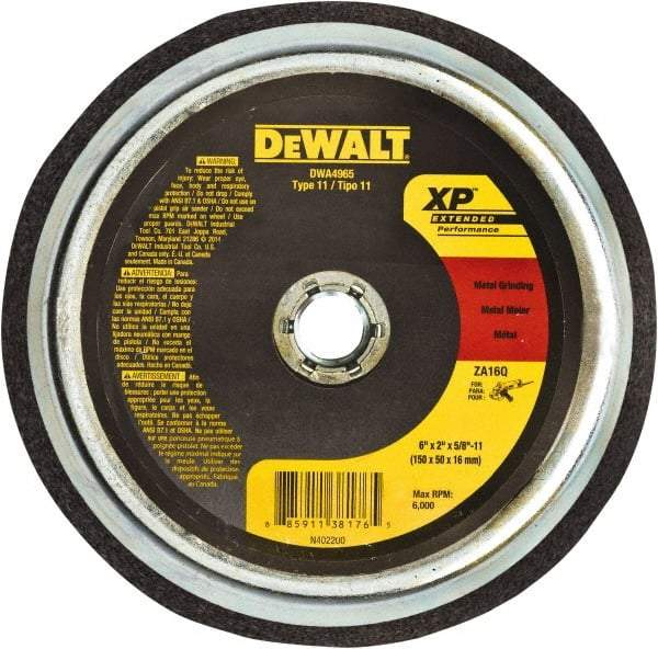 DeWALT - 6" Diam, 5/8" Hole Size, 2" Overall Thickness, 24 Grit, Type 11 Tool & Cutter Grinding Wheel - Coarse Grade, Zirconia Alumina, R Hardness, Resinoid Bond, 6,000 RPM - Makers Industrial Supply