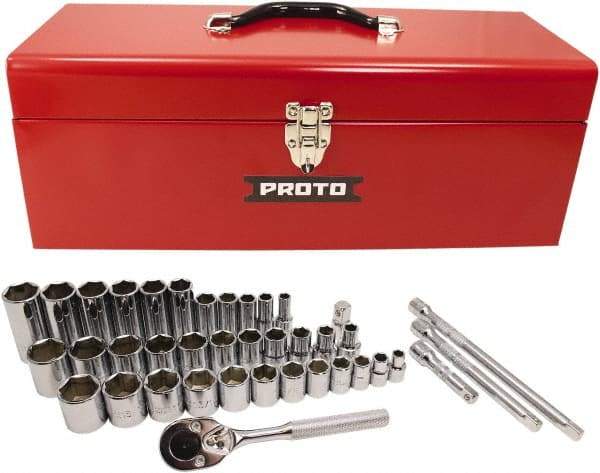 Proto - 39 Piece 3/8" & 1/2" Drive Chrome Finish Deep Well Socket Set - 6 Points, 5/16" to 1" Range, Inch Measurement Standard - Makers Industrial Supply