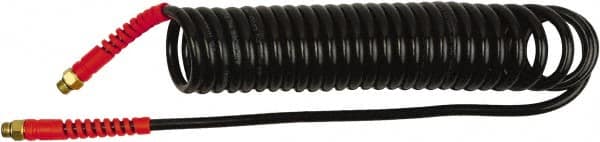 PRO-SOURCE - 1/4" ID, 1/4 Thread, 10' Long, Black Polyurethane Coiled & Self Storing Hose - 145 Max psi, Male Swivel x Male Swivel - Makers Industrial Supply