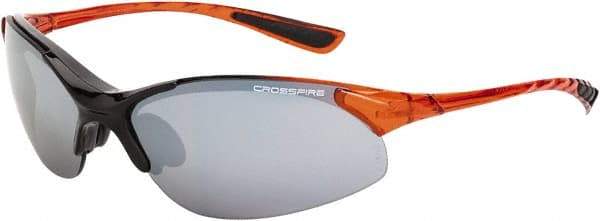 CrossFire - Silver Mirror Lenses, Framed Safety Glasses - Scratch Resistant, Black/Orange Frame, Size Universal, Wrap Around - Makers Industrial Supply