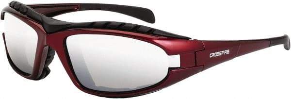 CrossFire - Silver Mirror Lenses, Framed Safety Glasses - Scratch Resistant, Red Frame, Size Universal, Wrap Around - Makers Industrial Supply