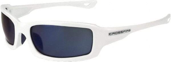 CrossFire - Blue Mirror Lenses, Framed Safety Glasses - Scratch Resistant, White Frame, Size Universal, Wrap Around - Makers Industrial Supply