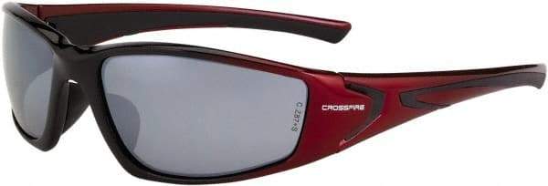 CrossFire - Silver Mirror Lenses, Framed Safety Glasses - Scratch Resistant, Black/Red Frame, Size Universal, Wrap Around - Makers Industrial Supply