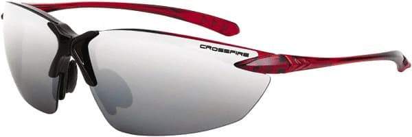 CrossFire - Silver Mirror Lenses, Framed Safety Glasses - Scratch Resistant, Black/Red Frame, Size Universal, Wrap Around - Makers Industrial Supply