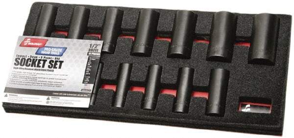 Ability One - 13 Piece 1/2" Drive Deep Well Impact Socket Set - 6 Points, 1/8" to 1-1/4" Range, Inch Measurement Standard - Makers Industrial Supply