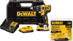 DeWALT - 20 Volt 1/2" Chuck Mid-Handle Cordless Drill - 0-500 & 0-2000 RPM, Keyless Chuck, Reversible, 3 Lithium-Ion Batteries Included - Makers Industrial Supply