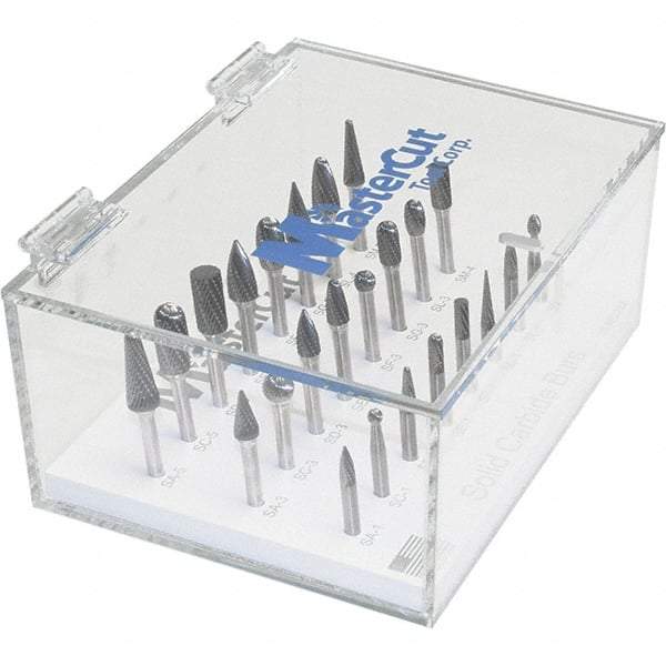 Made in USA - 24 Piece, 1/4" Shank Burr Set - Multiple Head Shapes, Solid Carbide, 14° Included Angle - Makers Industrial Supply