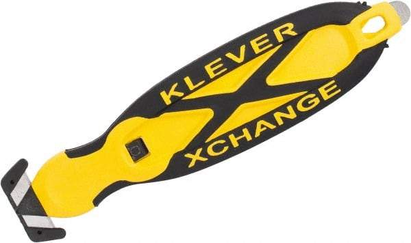 Klever Innovations - Recessed/Hook Blade Box Cutter - 5-3/4" Carbon Steel Blade, Yellow Plastic Handle, 2 Blades Included - Makers Industrial Supply