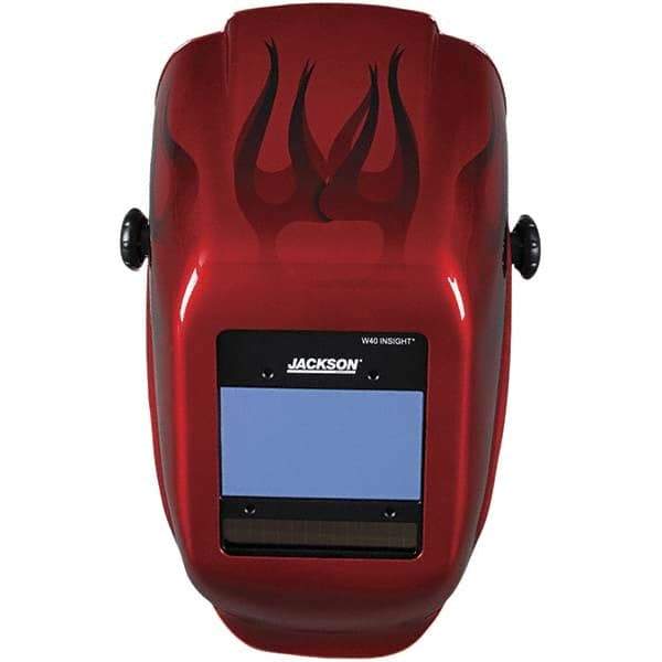 Jackson Safety - 2.36" Window Width x 3.93" Window Height, 9 to 13 Shade Auto-Darkening Lens, Fixed Front Welding Helmet - Red Flames Design, Thermoplastic Green Lens - Makers Industrial Supply