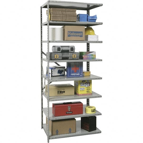 Hallowell - 8 Shelf Add-On Extra Heavy-Duty Open Steel Shelving - 1 Lb Capacity, 36" Wide x 87" High x 12" Deep, Gray - Makers Industrial Supply