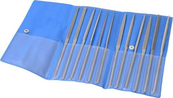 PFERD - 12 Piece Needle Pattern File Set - 6-1/4" Long, 0 Coarseness, Set Includes Flat, Hand, Crossing, Three Square, Square, Round, Half Round, Knife, Barrette, Flat with Round Edges, Crossing Oval - Makers Industrial Supply