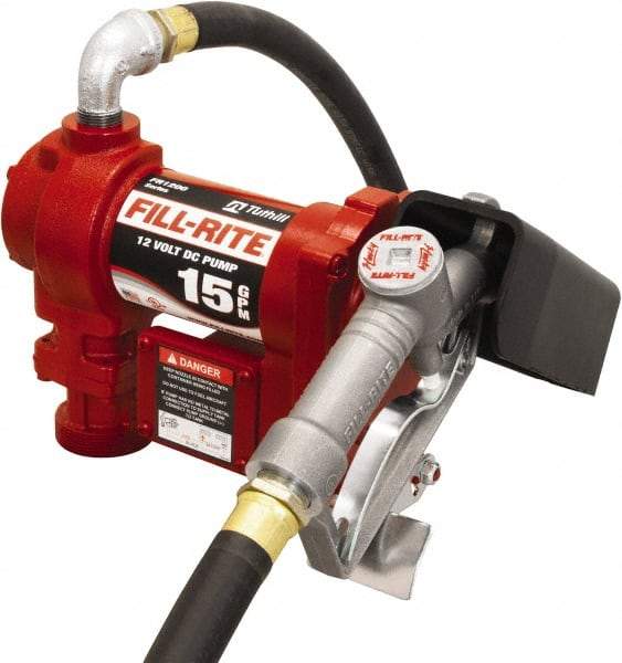 Tuthill - 15 GPM, 3/4" Hose Diam, DC Tank Pump with Manual Nozzle - 1" Inlet, 3/4" Outlet, 12 Volts, 12' Hose Length, 1/4 hp - Makers Industrial Supply