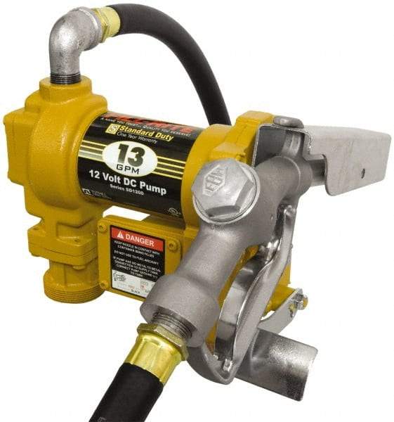 Tuthill - 13 GPM, 3/4" Hose Diam, DC Tank Pump with Manual Nozzle - 1" Inlet, 3/4" Outlet, 12 Volts, 10' Hose Length, 1/4 hp - Makers Industrial Supply