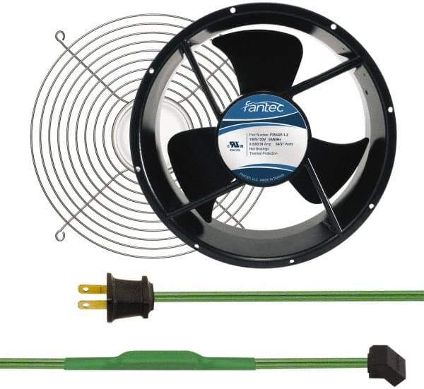 Made in USA - 115 Volts, AC, 600 CFM, Round Tube Axial Fan Kit - 0.22/0.24 Amp Rating, Includes Fan, Fan Guard, 254mm High x 254mm Wide x 89mm Deep, Thermostatically Controlled Fan Cord - Makers Industrial Supply