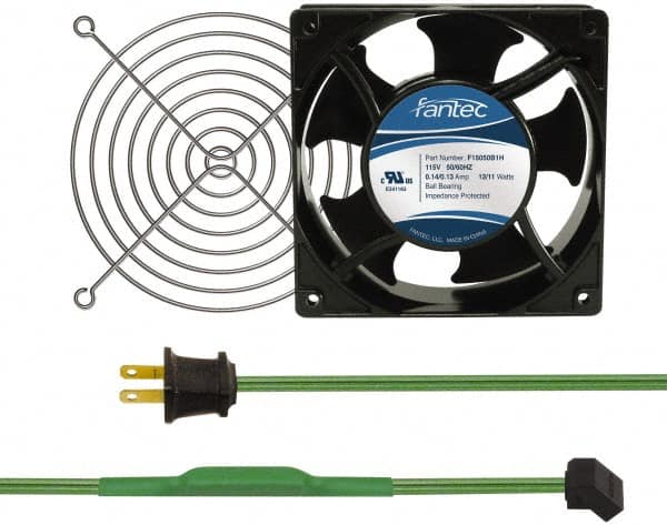 Made in USA - 115 Volts, AC, 80 CFM, Square Tube Axial Fan Kit - 0.18 Amp Rating, 120mm High x 120mm Wide x 38.5mm Deep, Includes Fan, Fan Guard, Thermostatically Controlled Fan Cord - Makers Industrial Supply