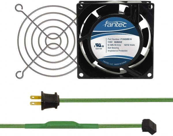 Made in USA - 115 Volts, AC, 31 CFM, Square Tube Axial Fan Kit - 0.18 Amp Rating, 3.15" High x 3" Wide x 38.5mm Deep, Includes Fan, Fan Guard, Thermostatically Controlled Fan Cord - Makers Industrial Supply