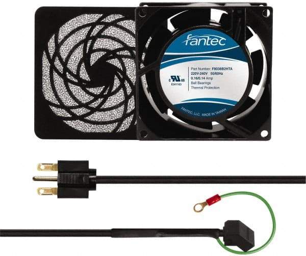 Made in USA - 230 Volts, AC, 32 CFM, Square Tube Axial Fan Kit - 0.06/0.05 Amp Rating, 3.15" High x 3" Wide x 38.5mm Deep, Includes Fan, Fan Guard, Fan Cord - Makers Industrial Supply