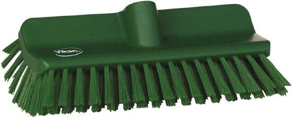 Vikan - 1-1/2" Bristle Length, Polyester Cleaning & Finishing Brush - 9-5/8" Long x 5" Wide Head, 10" OAL, European Threaded Handle, Green, Polypropylene Block - Makers Industrial Supply