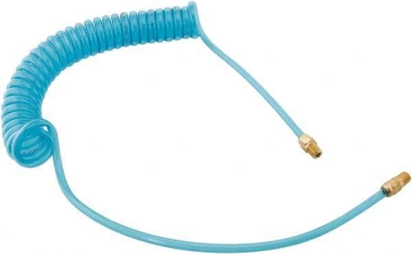 Parker - 3/8" ID, 3/8 Thread, 10' Long, Transparent Blue 95A Shore Durometer Polyurethane Coiled & Self Storing Hose - 140 Max psi, Male Rigid x Male Swivel - Makers Industrial Supply