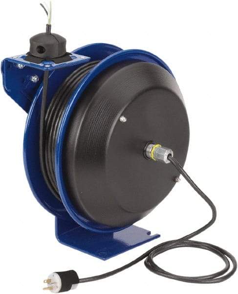 CoxReels - 16 AWG, 100' Cable Length, Cord & Cable Reel with Bare End - 0 Outlets, 13 Amps, 115 Volts, SJO Cable, Blue Reel, Spring Driven Reel - Makers Industrial Supply