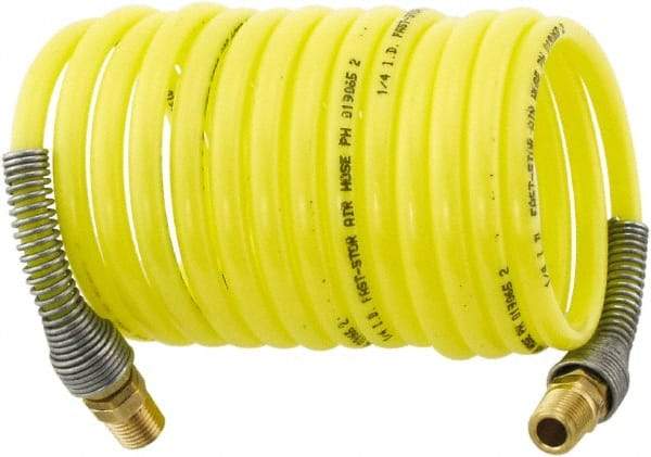 Parker - 3/16" ID, 1/4 Thread, 12' Long, Yellow Nylon Coiled & Self Storing Hose - 225 Max psi, Male Rigid x Male Swivel - Makers Industrial Supply