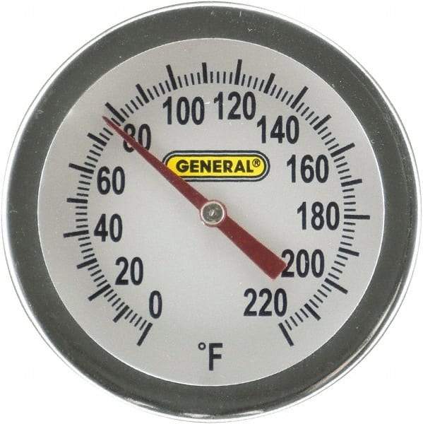 General - 20 Inch Long Stem, 2 Inch Dial Diameter, Back Connected Bi-Metal Thermometer - 220°Fahrenheit - Makers Industrial Supply