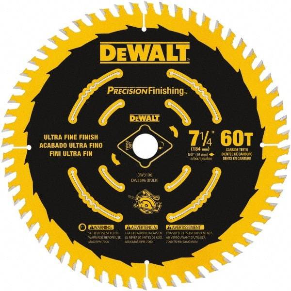 DeWALT - 7-1/4" Diam, 5/8" Arbor Hole Diam, 60 Tooth Wet & Dry Cut Saw Blade - Carbide-Tipped, Diamond Arbor - Makers Industrial Supply