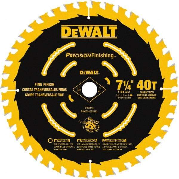 DeWALT - 7-1/4" Diam, 5/8" Arbor Hole Diam, 40 Tooth Wet & Dry Cut Saw Blade - Carbide-Tipped, Diamond Arbor - Makers Industrial Supply