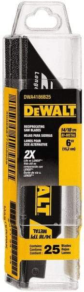 DeWALT - 6" Long x 1" Thick, Bi-Metal Reciprocating Saw Blade - Straight Profile, 14 to 18 TPI, Toothed Edge - Makers Industrial Supply