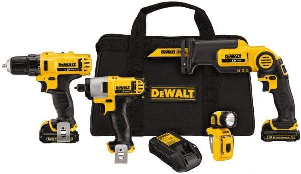 DeWALT - 12 Volt Cordless Tool Combination Kit - Includes 3/8" Drill/Driver, 1/4" Impact Driver, Pivot Reciprocating Saw & LED Worklight, Lithium-Ion Battery Included - Makers Industrial Supply