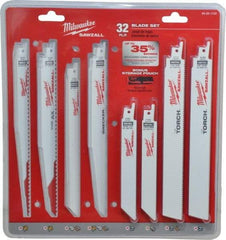 Milwaukee Tool - 32 Piece, 6" to 9" Long x 0.04" to 0.05" Thick, Bi-Metal Reciprocating Saw Blade Set - Straight Profile, 5-8 to 24 Teeth per Inch, Toothed Edge - Makers Industrial Supply