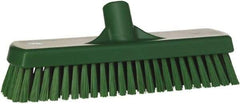 Vikan - 1.7" Bristle Length, Polyester Scrub Brush - 11-1/4" Long x 3" Wide Head, 12" OAL, European Threaded Handle, Green, Polypropylene Block - Makers Industrial Supply