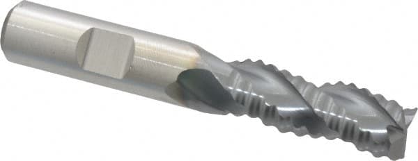 Niagara Cutter - 1/2" Diam, Coarse Pitch, 1-1/4" LOC, 3 Flute Cobalt Roughing Square End Mill - TiCN Finish, 3-1/4" OAL, 1/2" Shank Diam, Single End, Centercutting, 36° Helix - Makers Industrial Supply