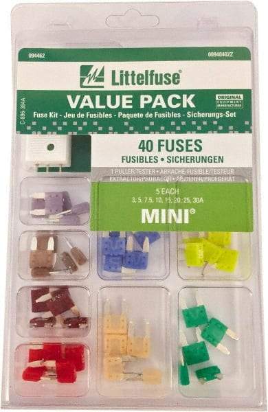 Littelfuse - Fuse Service Kits Compatible Fuse Class: ATO Includes: 5 each of 3, 5, 7.5, 10, 15, 20, 25, 30 amp mini fuses and one tester/puller - Makers Industrial Supply