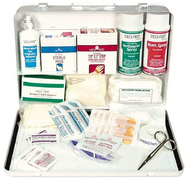 Medique - 98 Piece, 20 Person, Multipurpose/Auto/Travel First Aid Kit - 14" Wide x 3" Deep x 9-1/2" High, Metal Case - Makers Industrial Supply