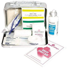 Medique - 52 Piece, 5 Person, Multipurpose/Auto/Travel First Aid Kit - 7-3/4" Wide x 2-3/4" Deep x 4-3/4" High, Metal Case - Makers Industrial Supply