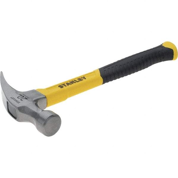 Stanley - 20 oz Head, Curved Claw Hammer - 12.83" OAL, Steel Head, 1.18" Face Diam, Smooth Face, Fiberglass Handle with Grip - Makers Industrial Supply