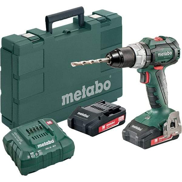 Metabo - 18 Volt 1/16 to 1/2" Keyless Chuck Cordless Hammer Drill - 31950 BPM, 600 to 2,100 RPM, Reversible, Pistol Grip Handle - Makers Industrial Supply