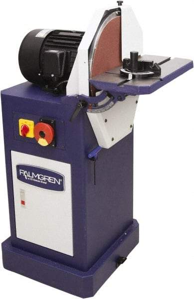 Palmgren - 16" Diam, 1,750 RPM, Single Phase Disc Sanding Machines - 18-9/16" Long Table x 8-1/2" Table Width, 27-27/32" Overall Length x 44-7/16" Overall Height - Makers Industrial Supply